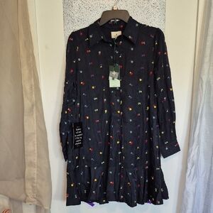 Tuckernuck Button Down Navy Dress with Colorful Embroidery